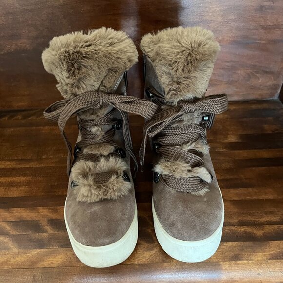 J/Slides NYC Whitney Taupe and Faux Fur Wedge Bootie Womens Sz 8.5 - Picture 1 of 8